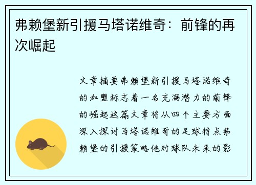 弗赖堡新引援马塔诺维奇:前锋的再次崛起 弗赖堡新引援马塔诺维奇:前锋的再次崛起