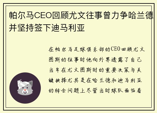 帕尔马CEO回顾尤文往事曾力争哈兰德并坚持签下迪马利亚 帕尔马CEO回顾尤文往事曾力争哈兰德并坚持签下迪马利亚