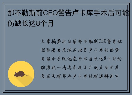那不勒斯前CEO警告卢卡库手术后可能伤缺长达8个月 那不勒斯前CEO警告卢卡库手术后可能伤缺长达8个月